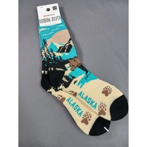 Robin Ruth Alaska LoveSocks Bear Mountain Landscape Crew Socks Teal Cream L/XL